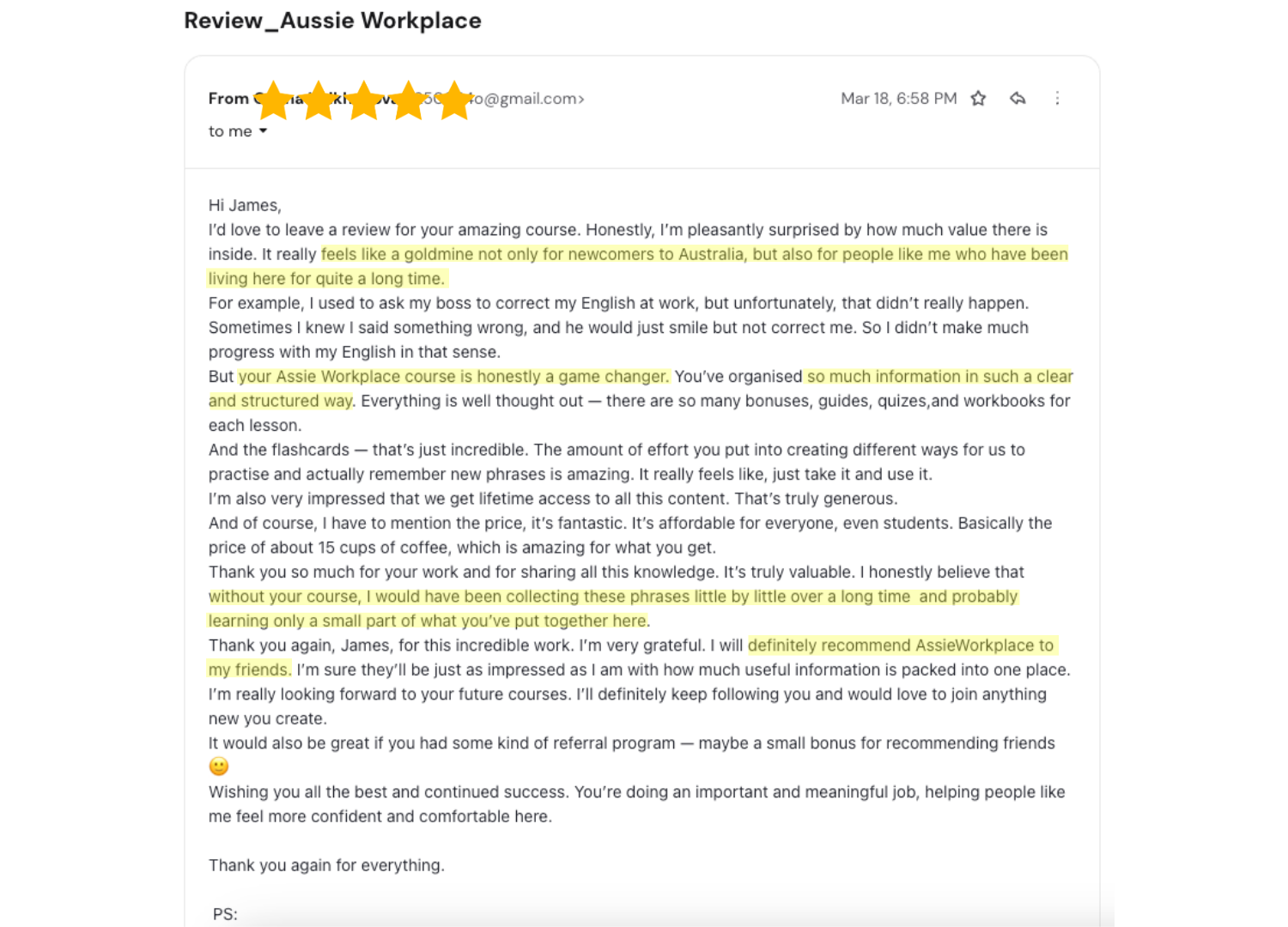 Lana's email review of the course