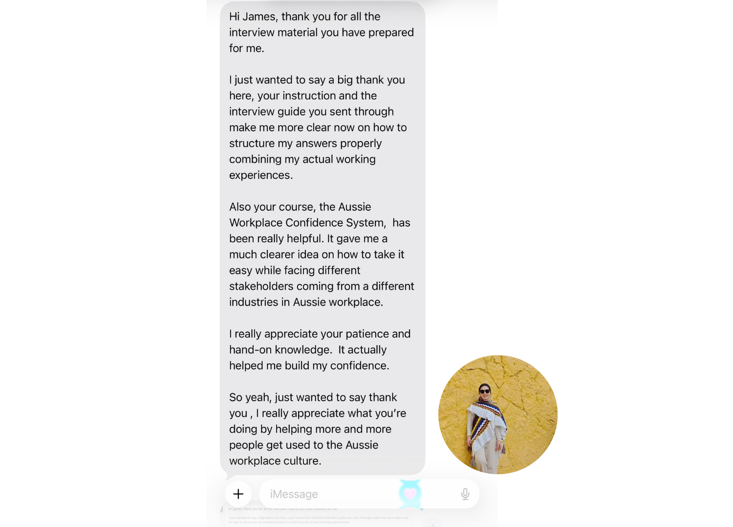 Stella's iMessage about interview prep and the course